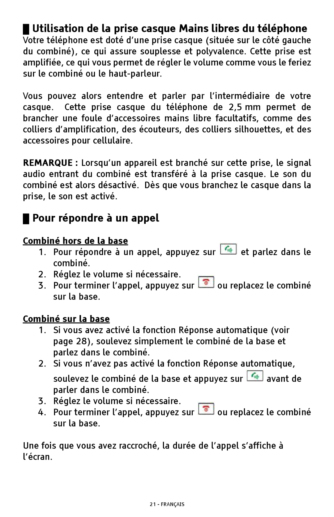 ClearSounds A300 Utilisation de la prise casque Mains libres du téléphone, Pour répondre à un appel, Combiné sur la base 