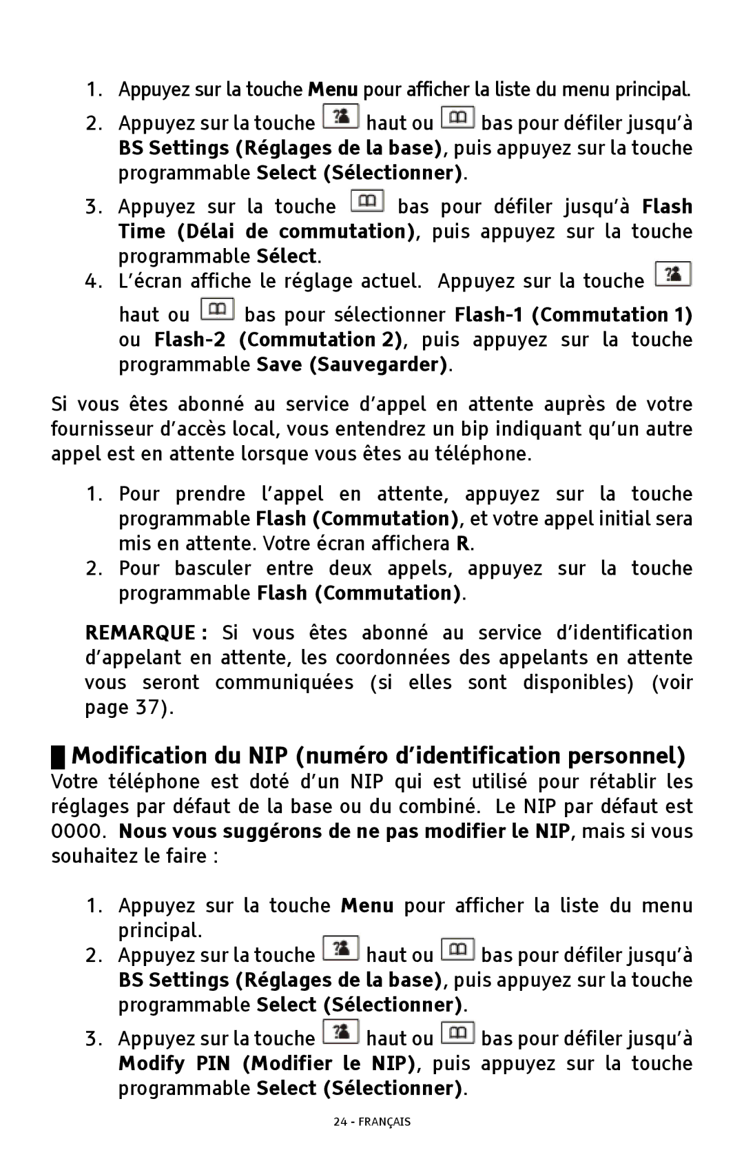 ClearSounds A300 manual Modification du NIP numéro d’identification personnel, Programmable Select Sélectionner 