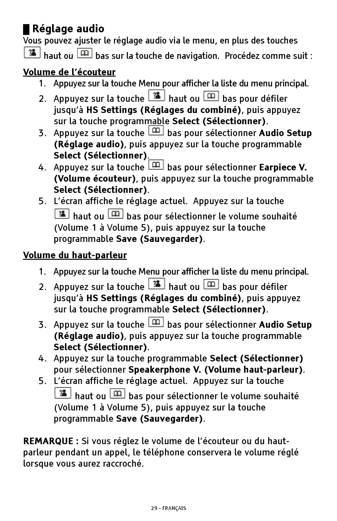 ClearSounds A300 manual Réglage audio, Volume de l’écouteur, Volume du haut-parleur 