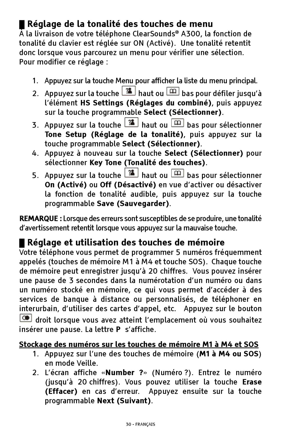 ClearSounds A300 manual Réglage de la tonalité des touches de menu, Réglage et utilisation des touches de mémoire 