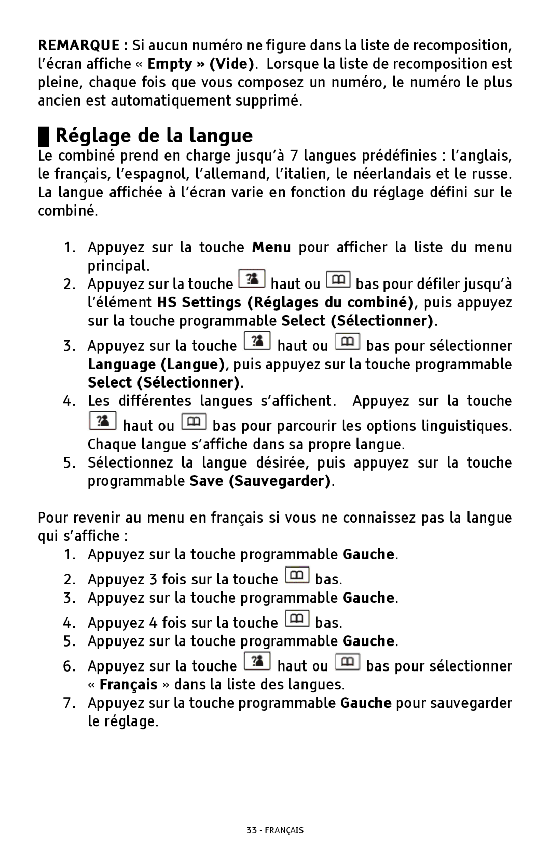 ClearSounds A300 manual Réglage de la langue 