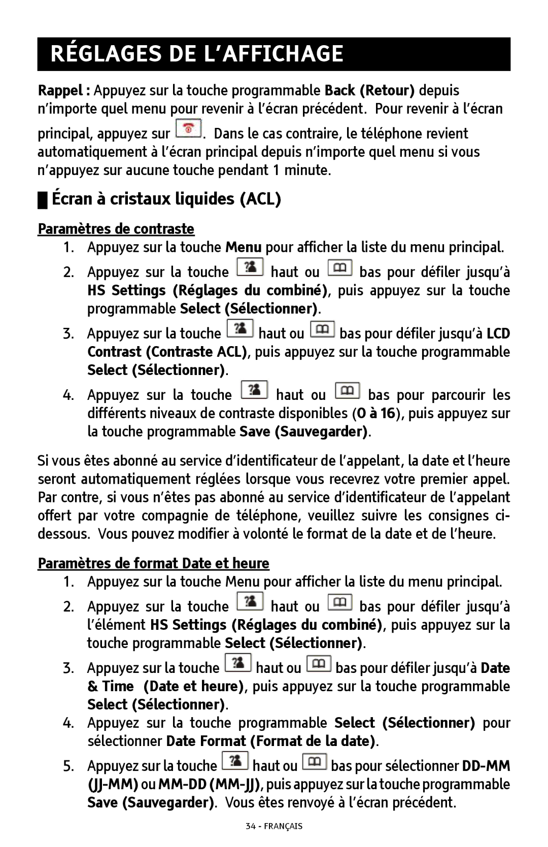 ClearSounds A300 manual Réglages DE L’AFFICHAGE, Écran à cristaux liquides ACL, Paramètres de contraste 