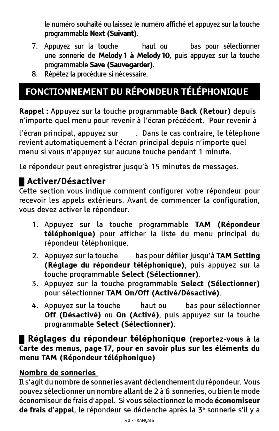 ClearSounds A300 manual Activer/Désactiver, Réglages du répondeur téléphonique reportez-vous à la 