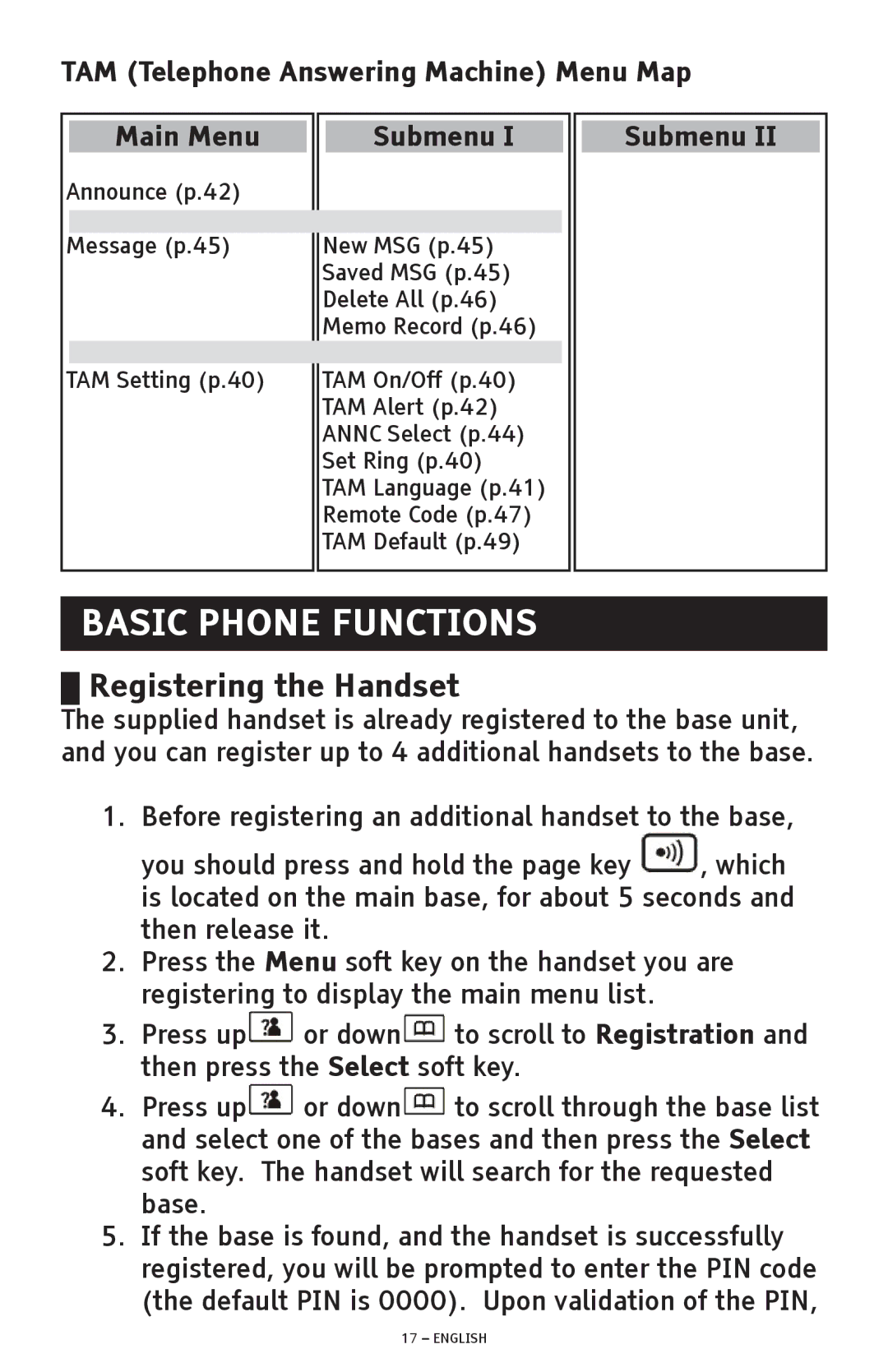 ClearSounds A300 manual Basic Phone Functions, Registering the Handset 