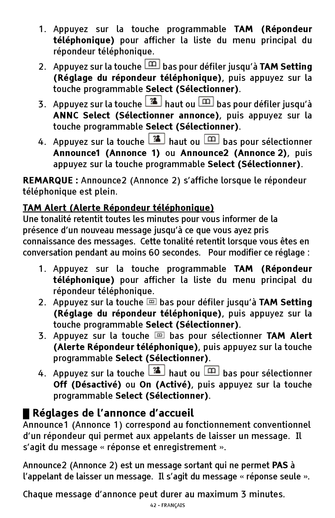 ClearSounds A300 manual Réglages de l’annonce d’accueil, TAM Alert Alerte Répondeur téléphonique 