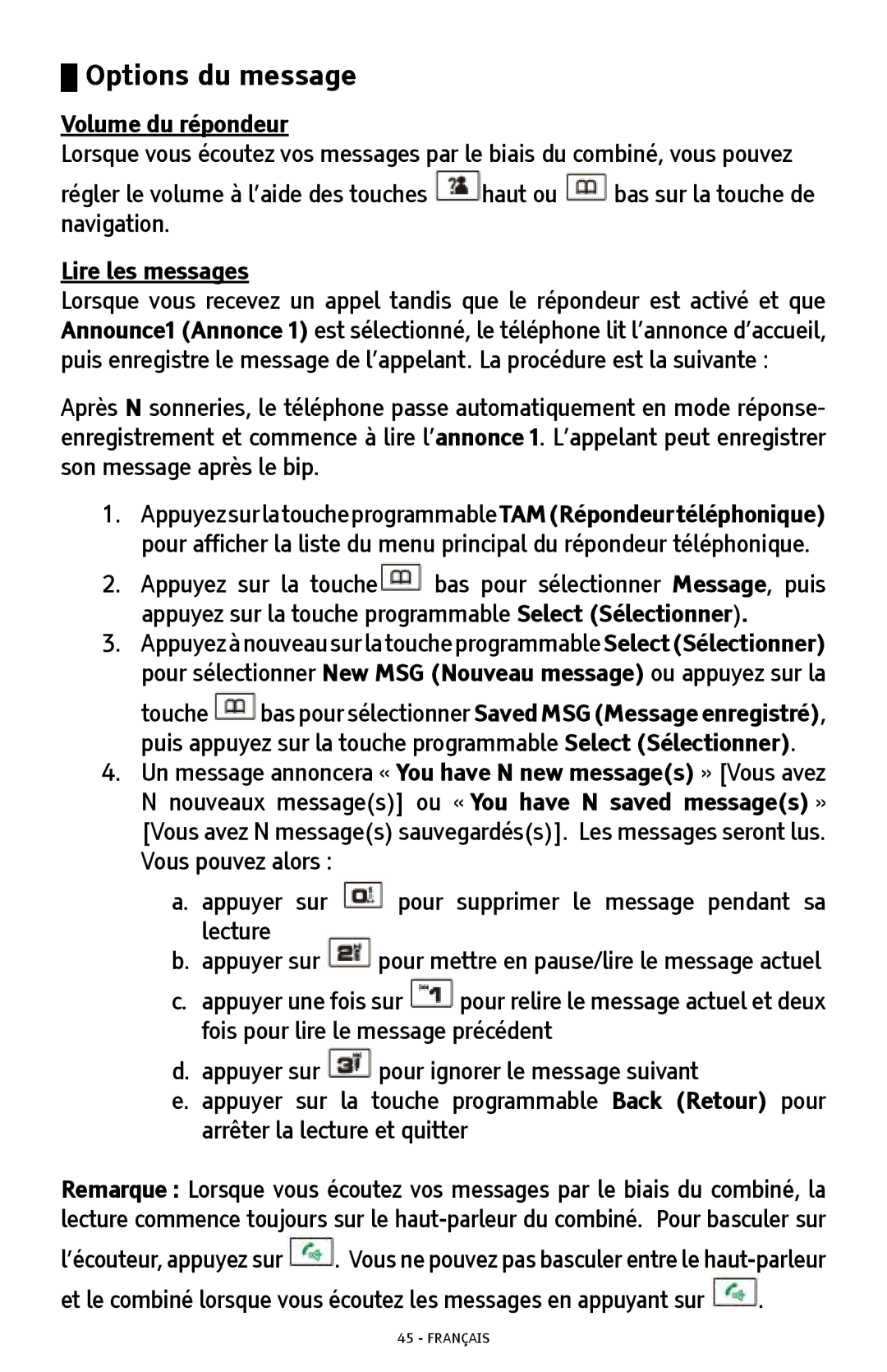 ClearSounds A300 manual Options du message, Volume du répondeur, Lire les messages 