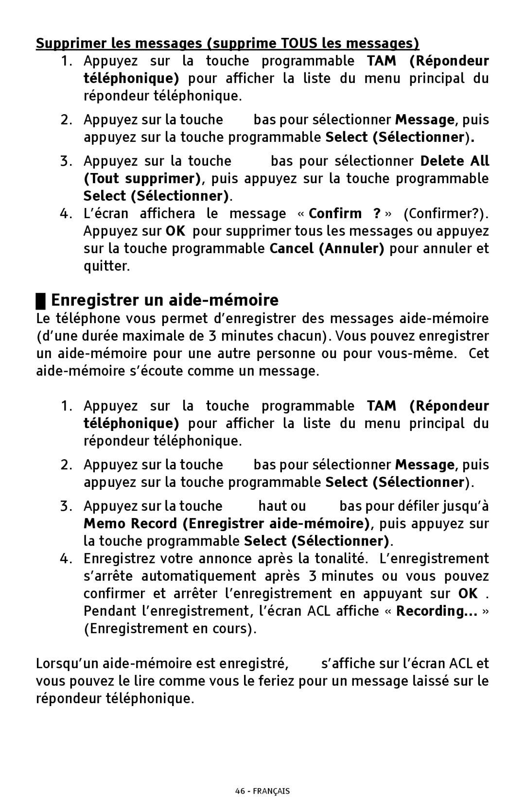 ClearSounds A300 manual Enregistrer un aide-mémoire, Supprimer les messages supprime Tous les messages 