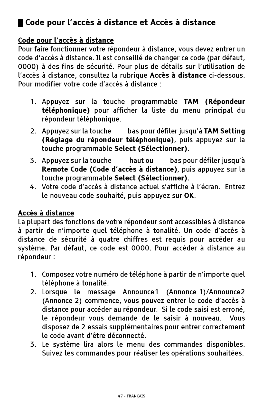 ClearSounds A300 manual Code pour l’accès à distance et Accès à distance 