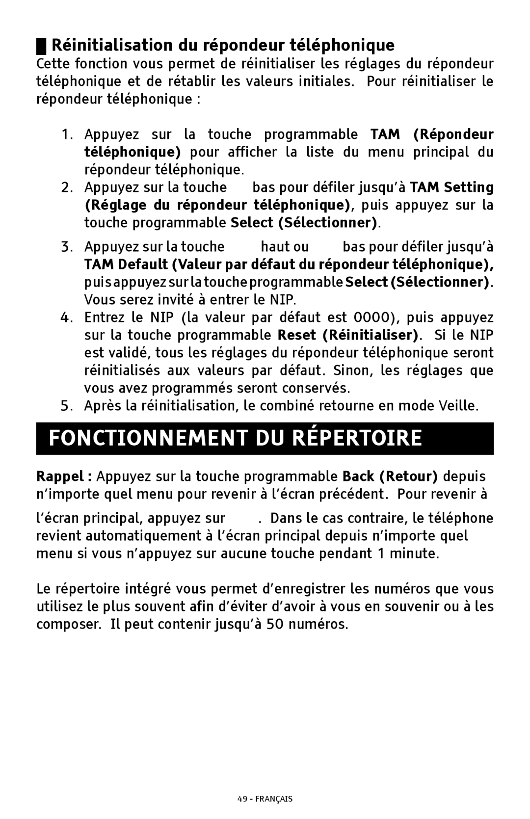 ClearSounds A300 manual Fonctionnement DU Répertoire, Réinitialisation du répondeur téléphonique 