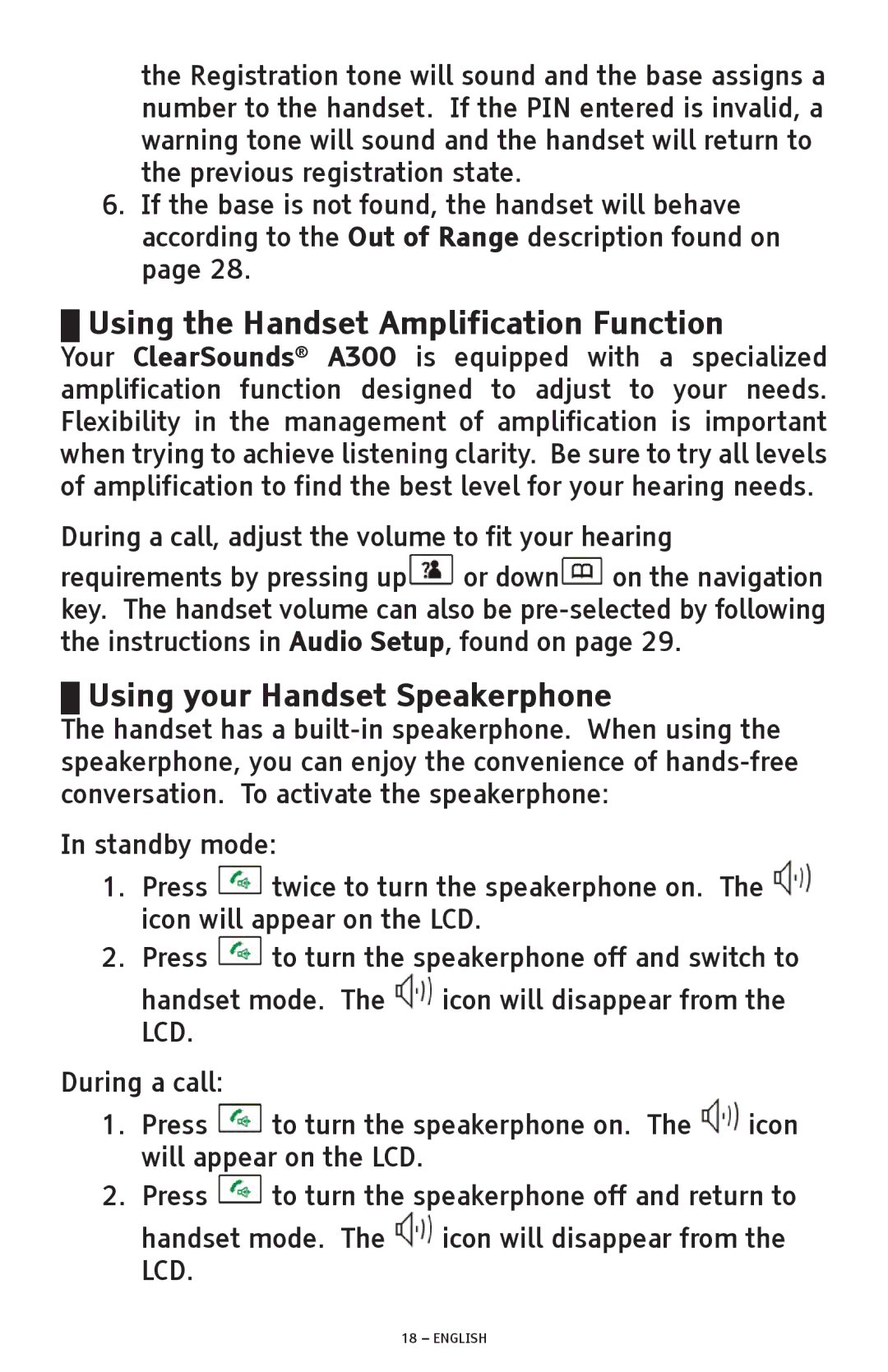 ClearSounds A300 manual Using the Handset Amplification Function, Using your Handset Speakerphone 