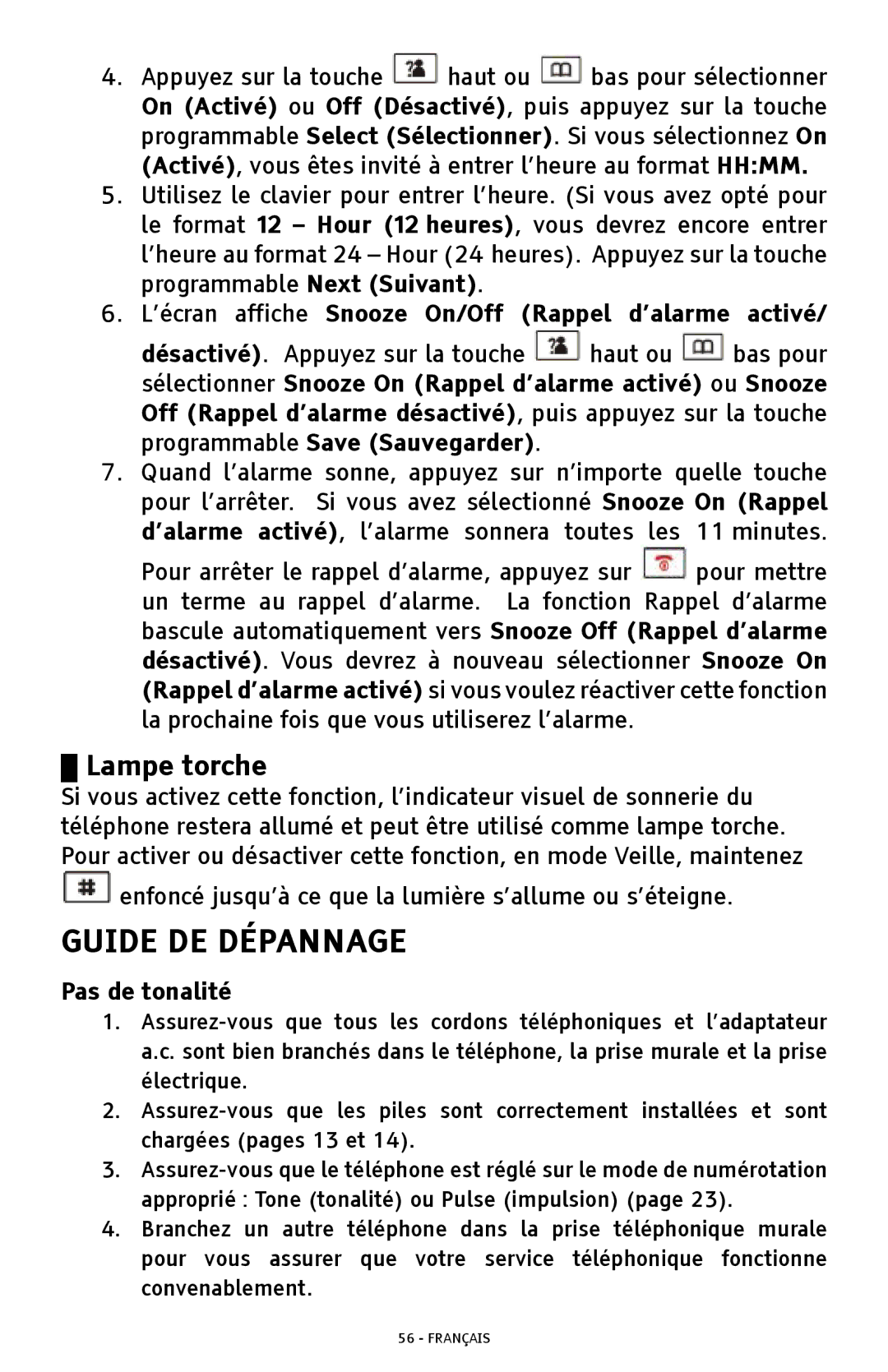 ClearSounds A300 Guide DE Dépannage, Lampe torche, ’écran affiche Snooze On/Off Rappel d’alarme activé, Pas de tonalité 