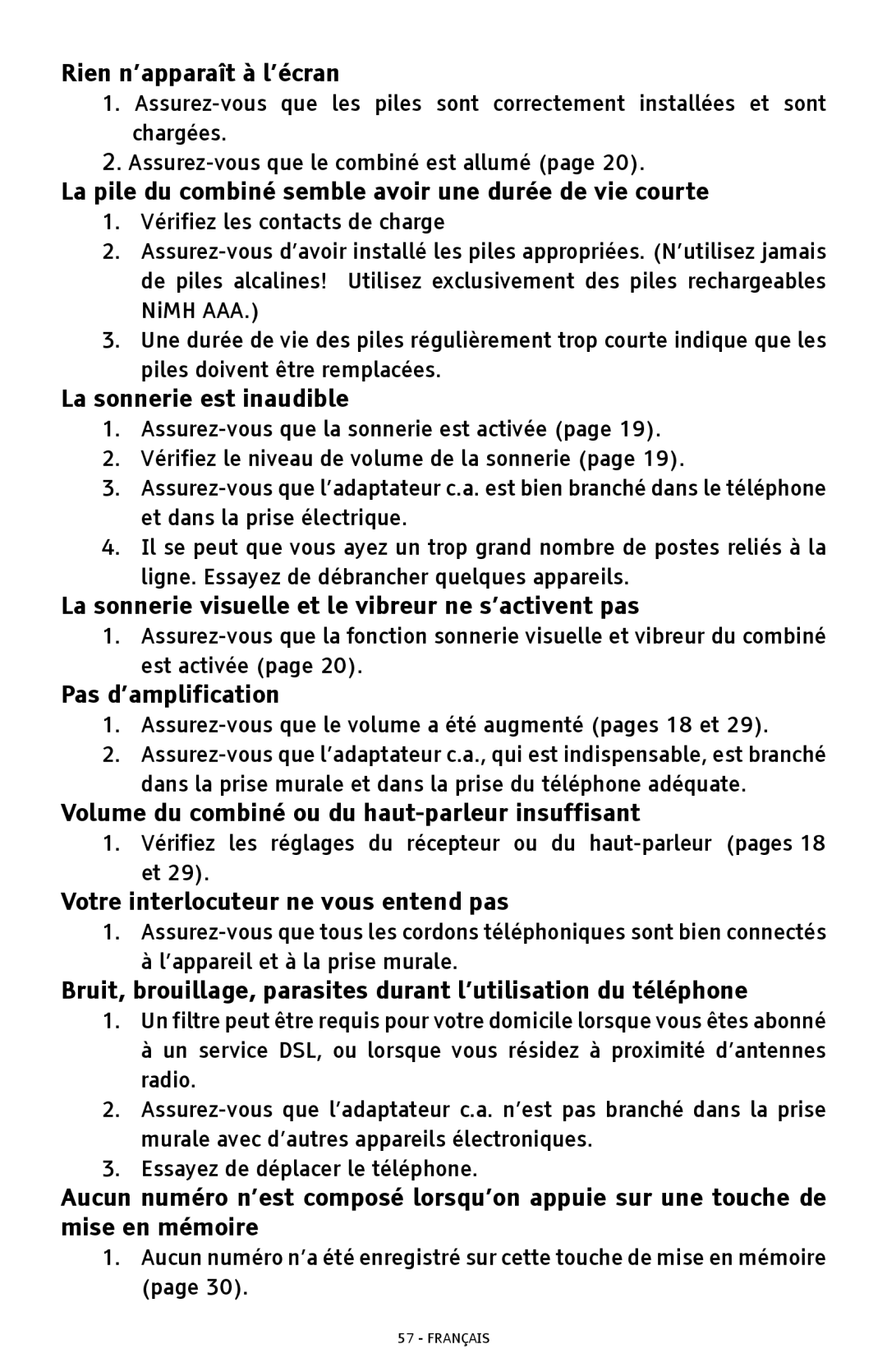 ClearSounds A300 Rien n’apparaît à l’écran, La pile du combiné semble avoir une durée de vie courte, Pas d’amplification 