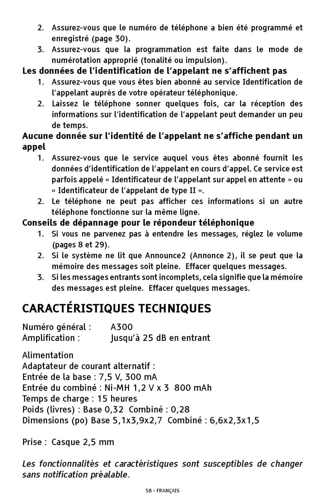 ClearSounds A300 manual Caractéristiques Techniques, Conseils de dépannage pour le répondeur téléphonique 