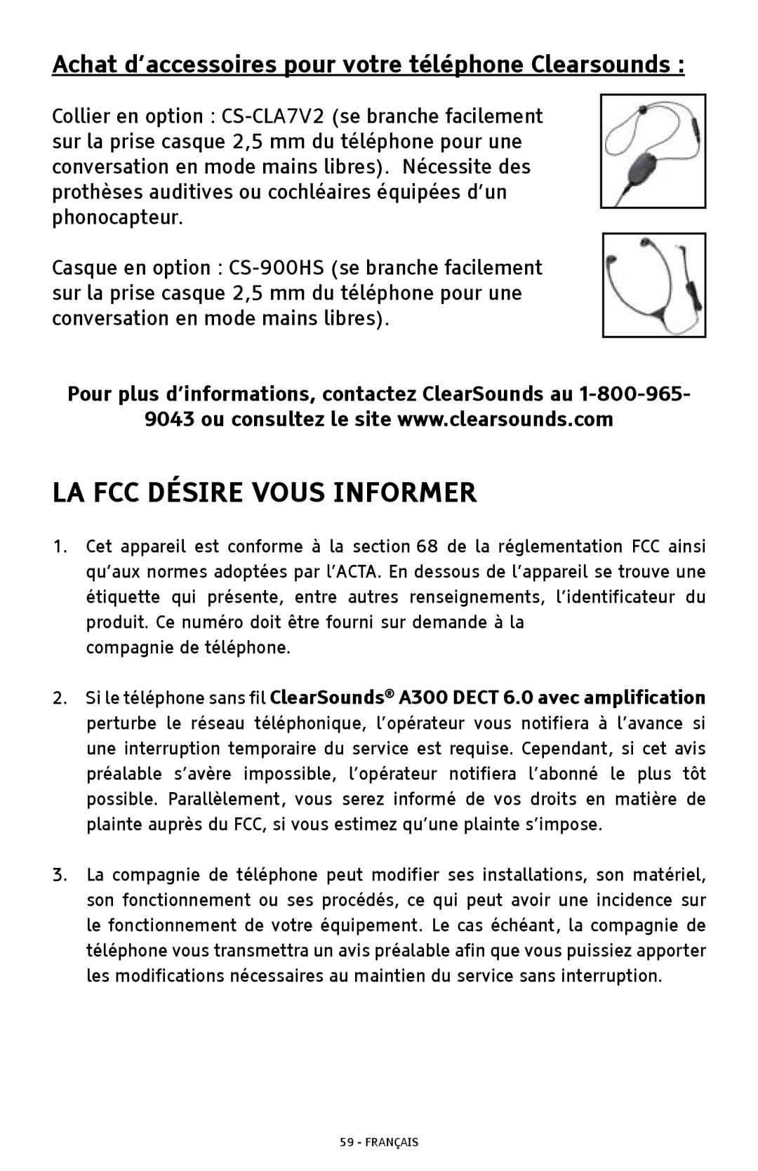 ClearSounds A300 manual LA FCC Désire Vous Informer, Achat d’accessoires pour votre téléphone Clearsounds  