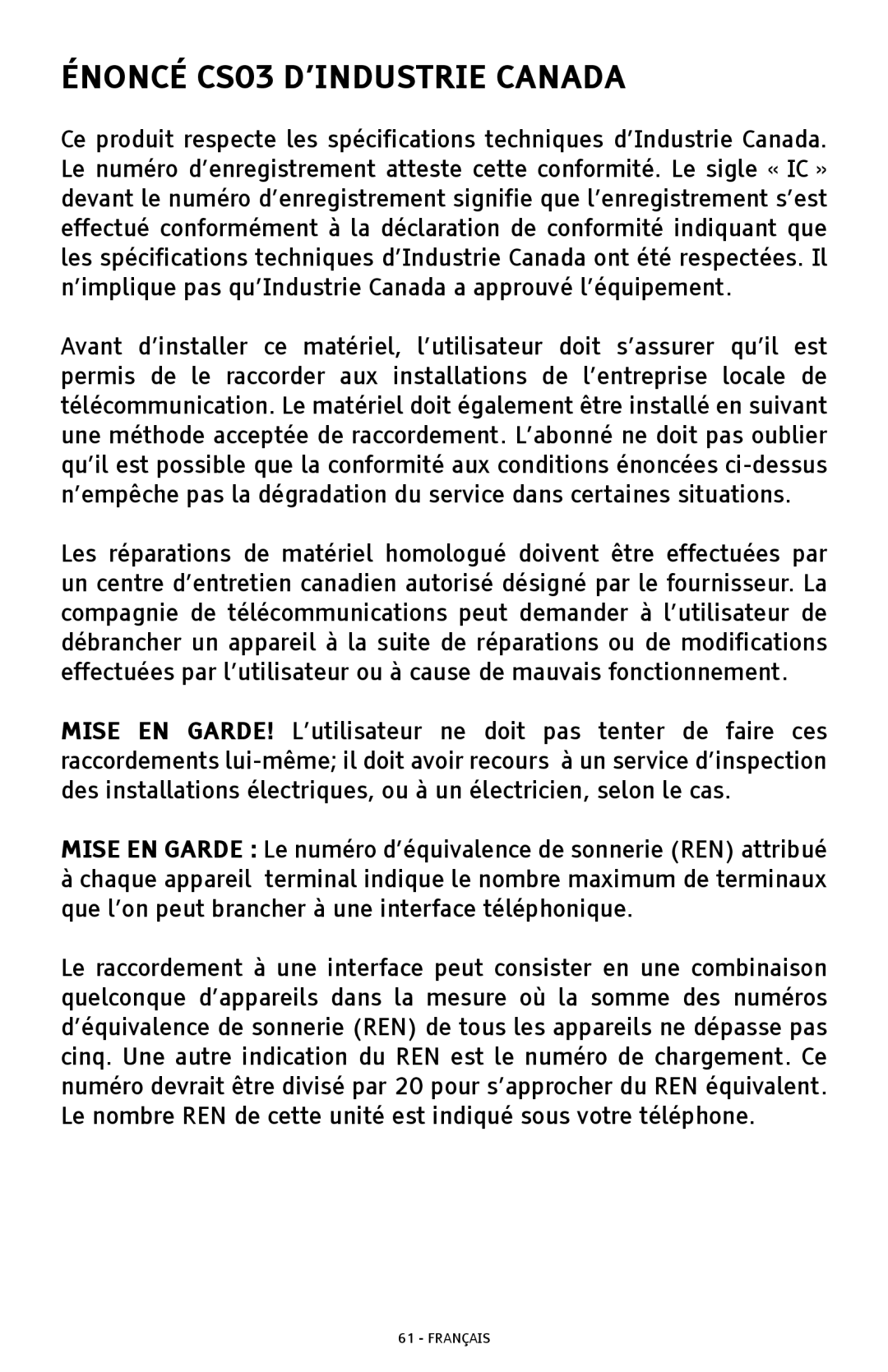 ClearSounds A300 manual Énoncé CS03 D’INDUSTRIE Canada 