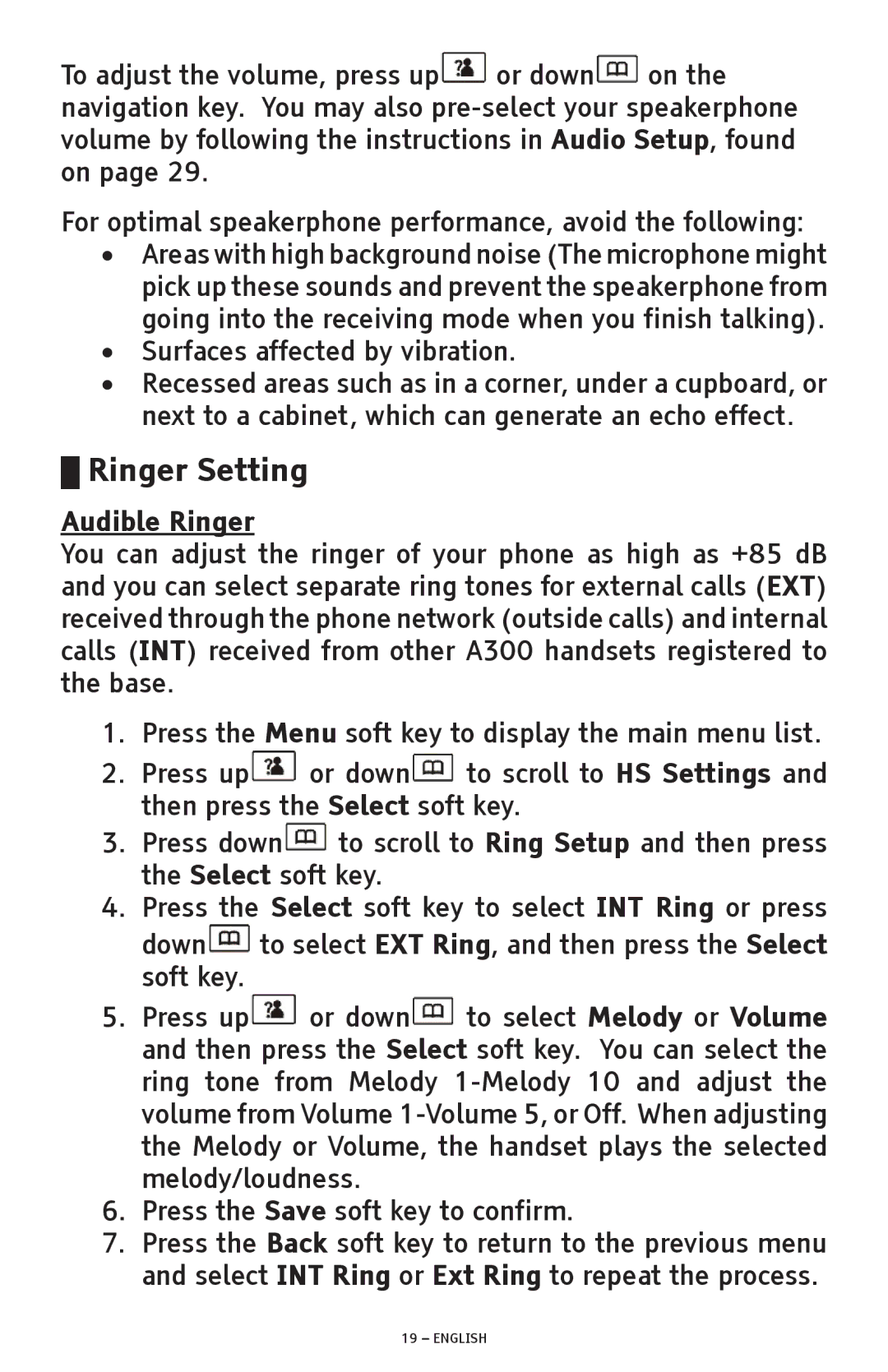 ClearSounds A300 manual Ringer Setting, Audible Ringer 