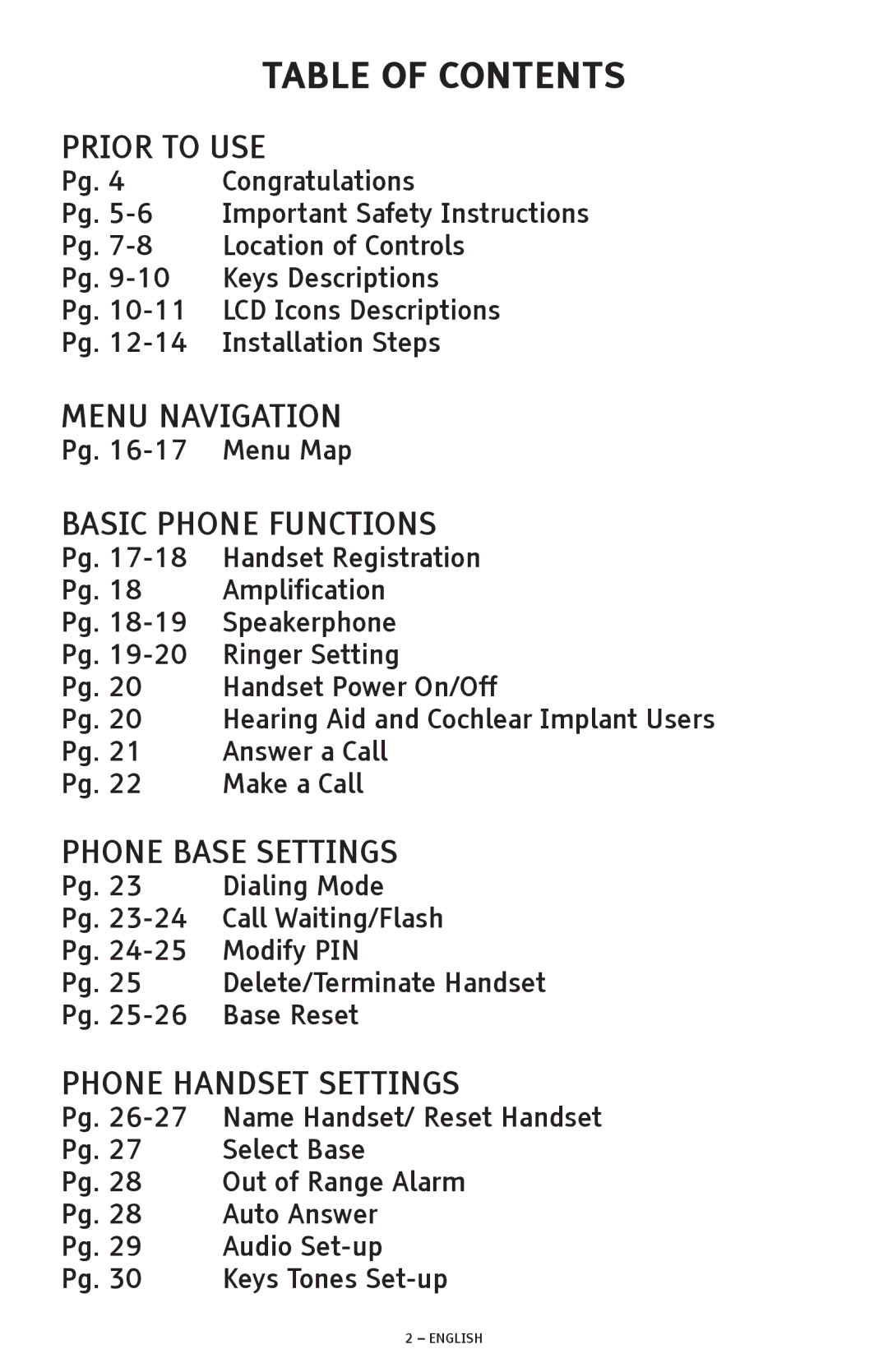 ClearSounds A300 manual Table of Contents 