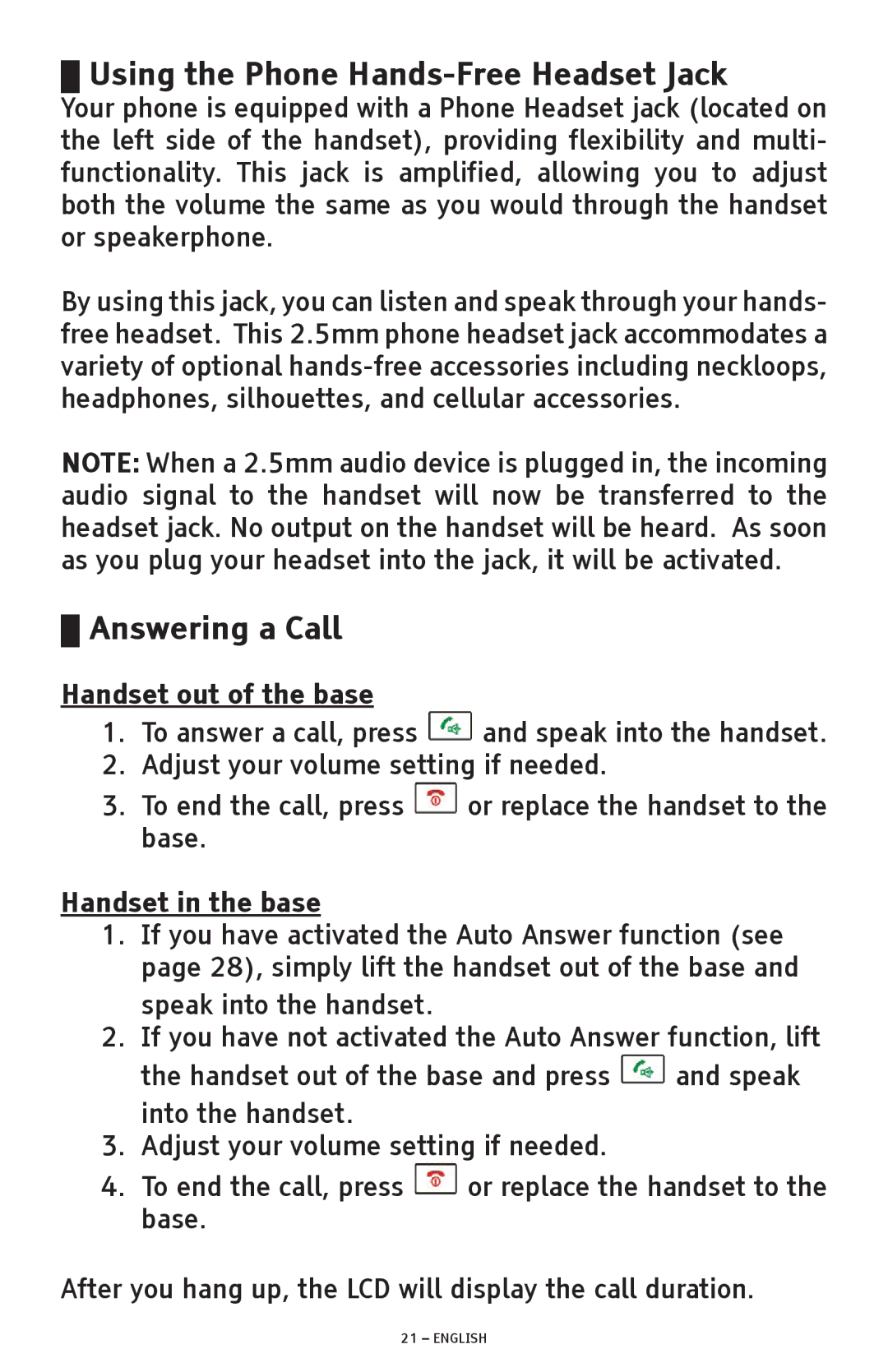 ClearSounds A300 Using the Phone Hands-Free Headset Jack, Answering a Call, Handset out of the base, Handset in the base 