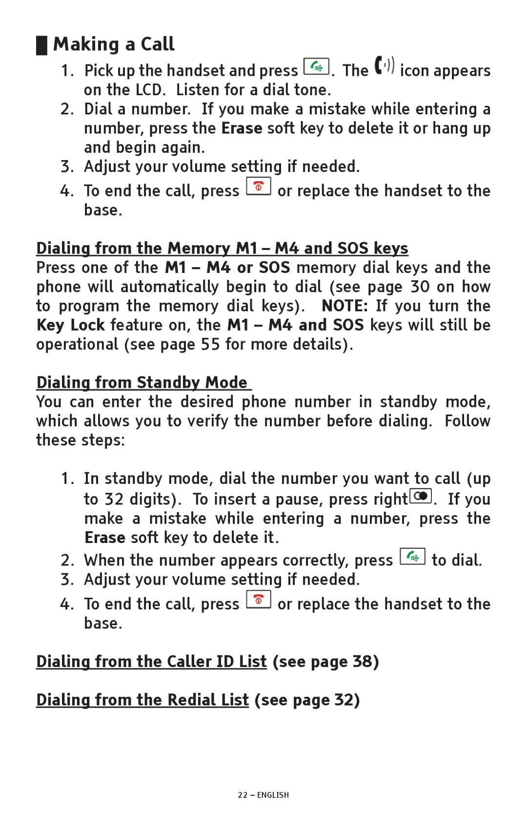 ClearSounds A300 manual Making a Call, Dialing from the Memory M1 M4 and SOS keys, Dialing from Standby Mode 