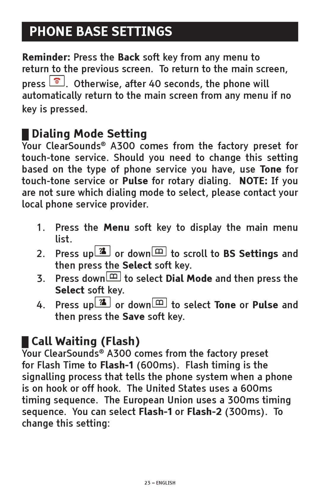 ClearSounds A300 manual Phone Base Settings, Dialing Mode Setting, Call Waiting Flash 