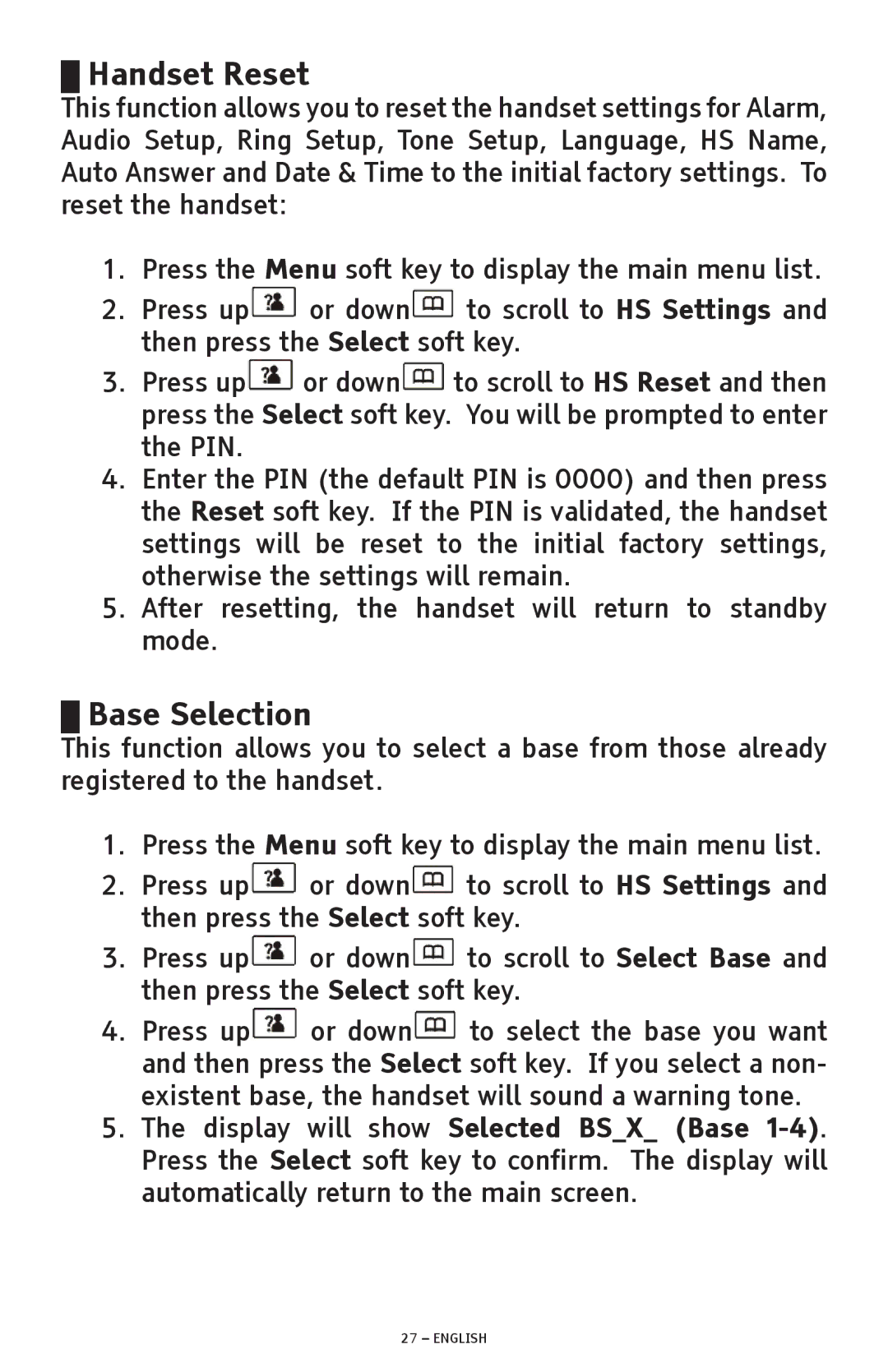 ClearSounds A300 manual Handset Reset, Base Selection 