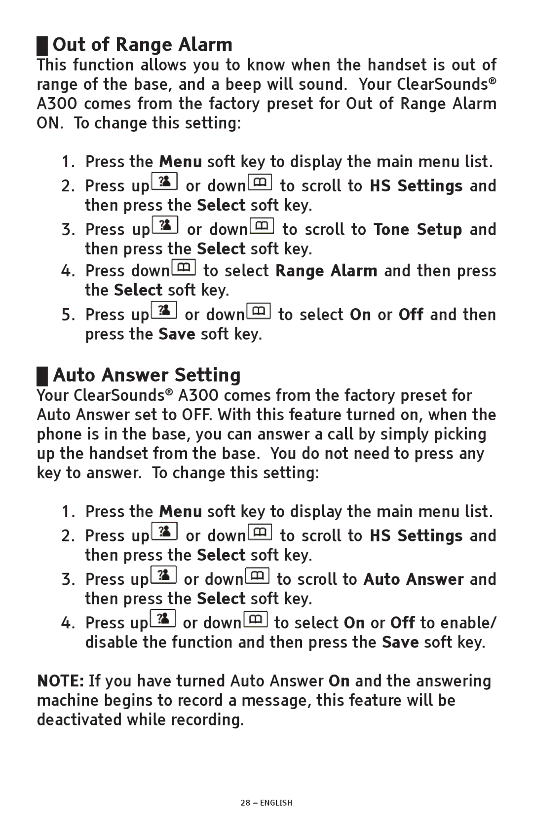 ClearSounds A300 manual Out of Range Alarm, Auto Answer Setting 