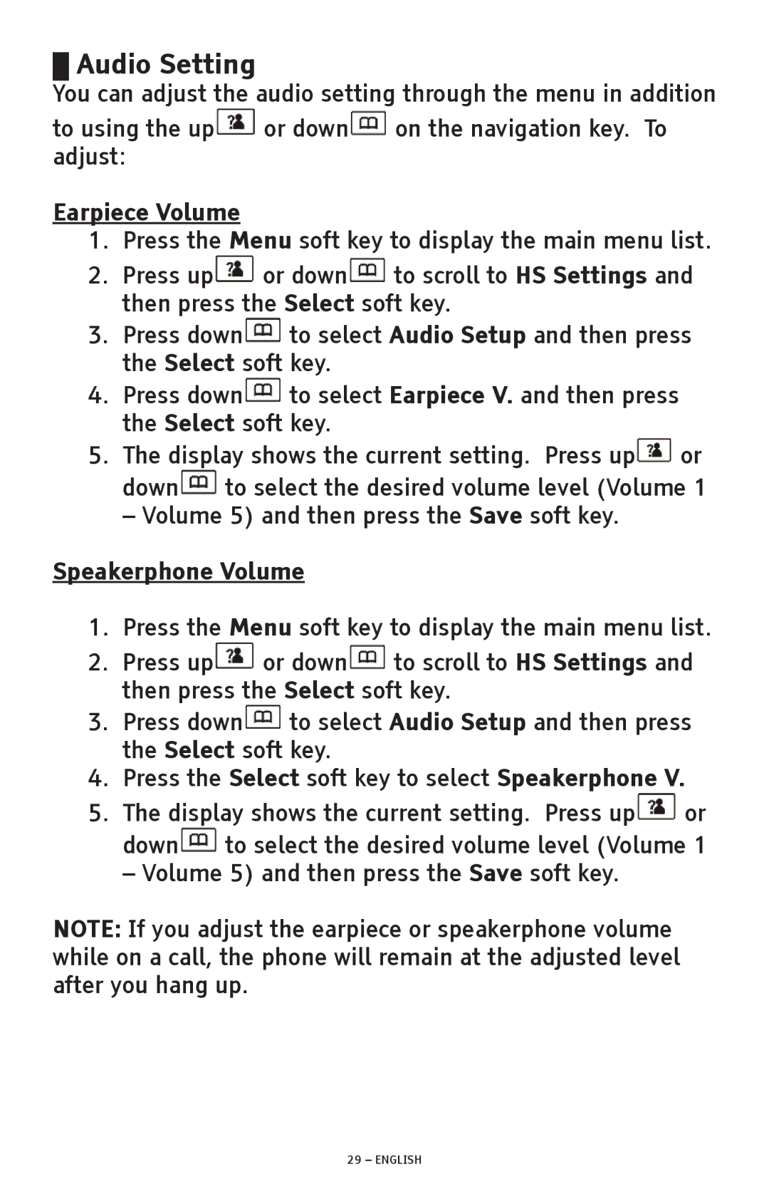 ClearSounds A300 manual Audio Setting, Earpiece Volume, Speakerphone Volume 