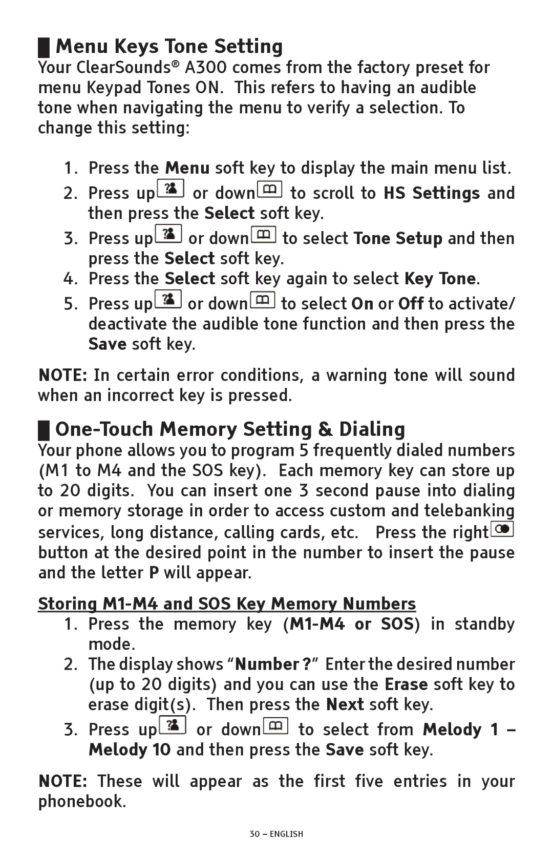 ClearSounds A300 Menu Keys Tone Setting, One-Touch Memory Setting & Dialing, Storing M1-M4 and SOS Key Memory Numbers 