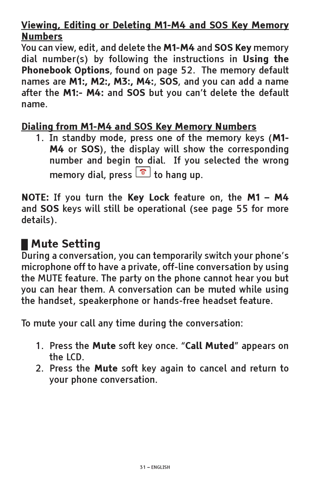 ClearSounds A300 manual Mute Setting, Dialing from M1-M4 and SOS Key Memory Numbers 