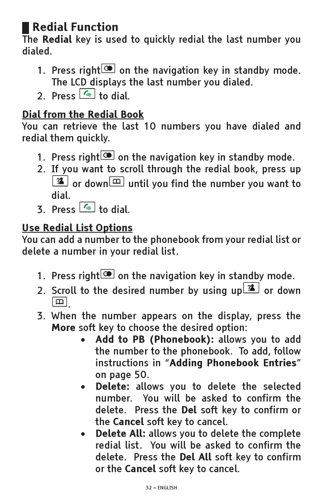 ClearSounds A300 manual Redial Function, Dial from the Redial Book, Use Redial List Options 