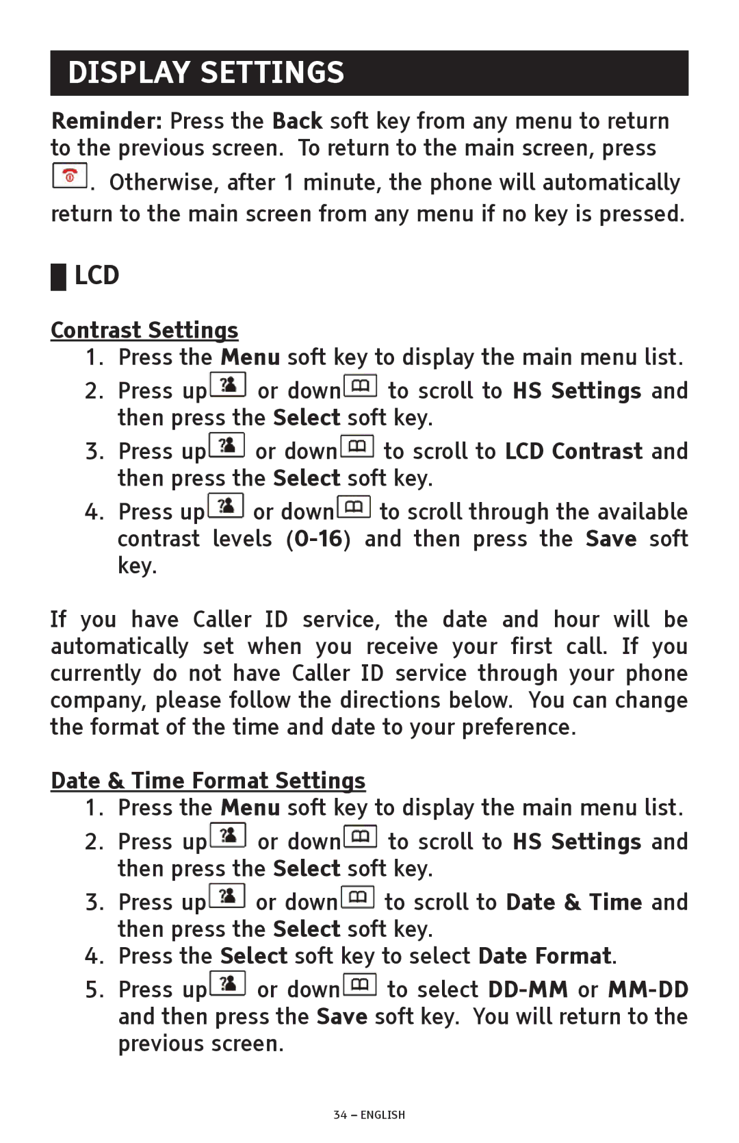 ClearSounds A300 manual Display Settings, Contrast Settings, Date & Time Format Settings 