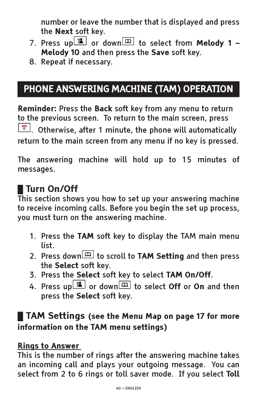 ClearSounds A300 manual Phone Answering Machine TAM Operation, Turn On/Off 