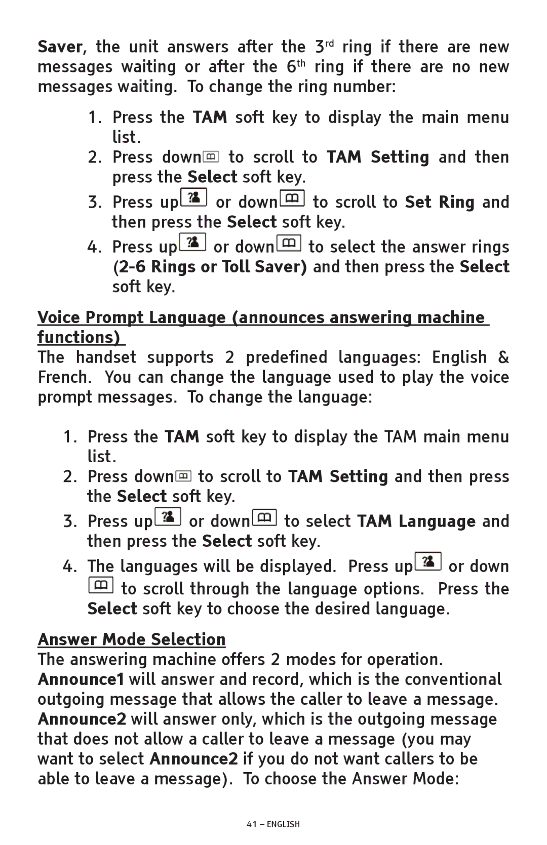 ClearSounds A300 manual Voice Prompt Language announces answering machine functions, Answer Mode Selection 