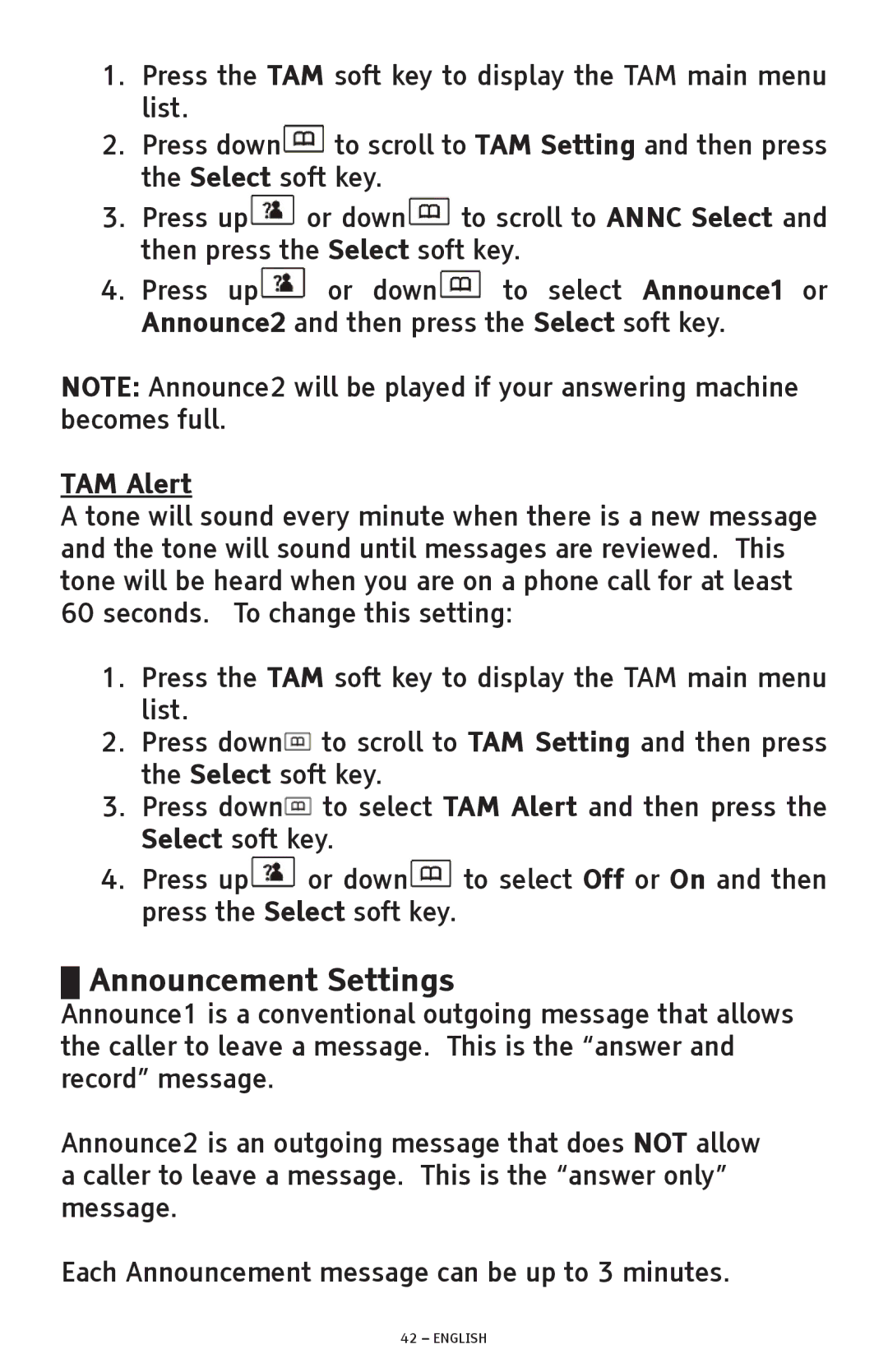 ClearSounds A300 manual Announcement Settings, TAM Alert 