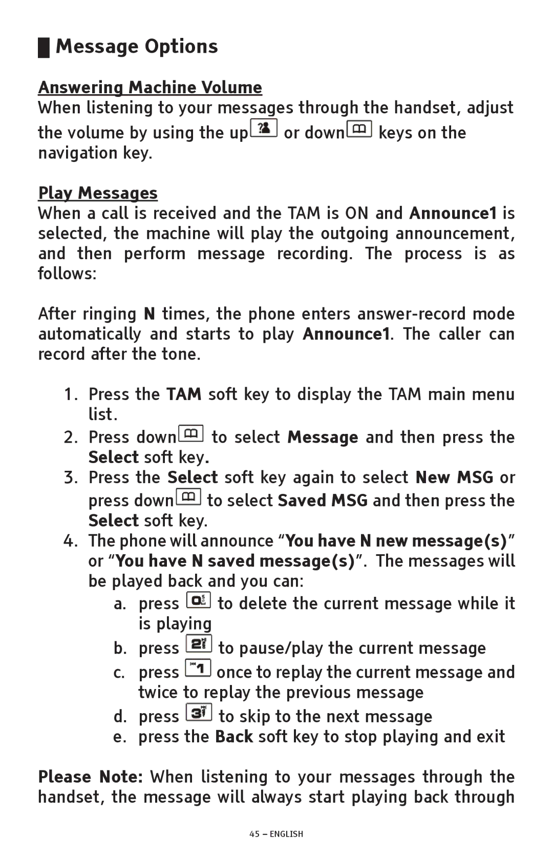 ClearSounds A300 manual Message Options, Answering Machine Volume, Play Messages 