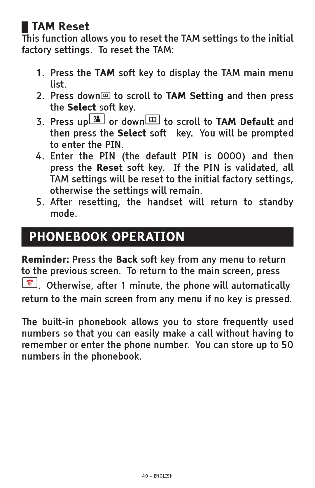 ClearSounds A300 manual Phonebook Operation, TAM Reset 