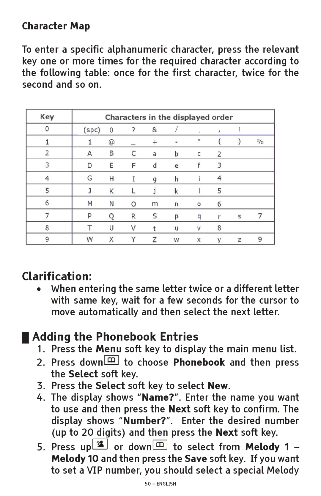 ClearSounds A300 manual Clarification, Adding the Phonebook Entries, Character Map 