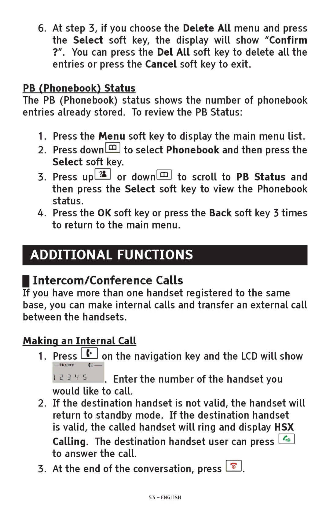 ClearSounds A300 manual Additional Functions, Intercom/Conference Calls, PB Phonebook Status, Making an Internal Call 