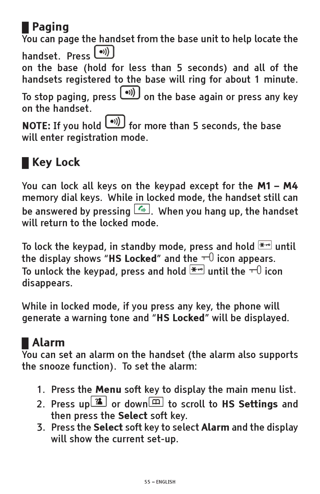 ClearSounds A300 manual Paging, Key Lock, Alarm 