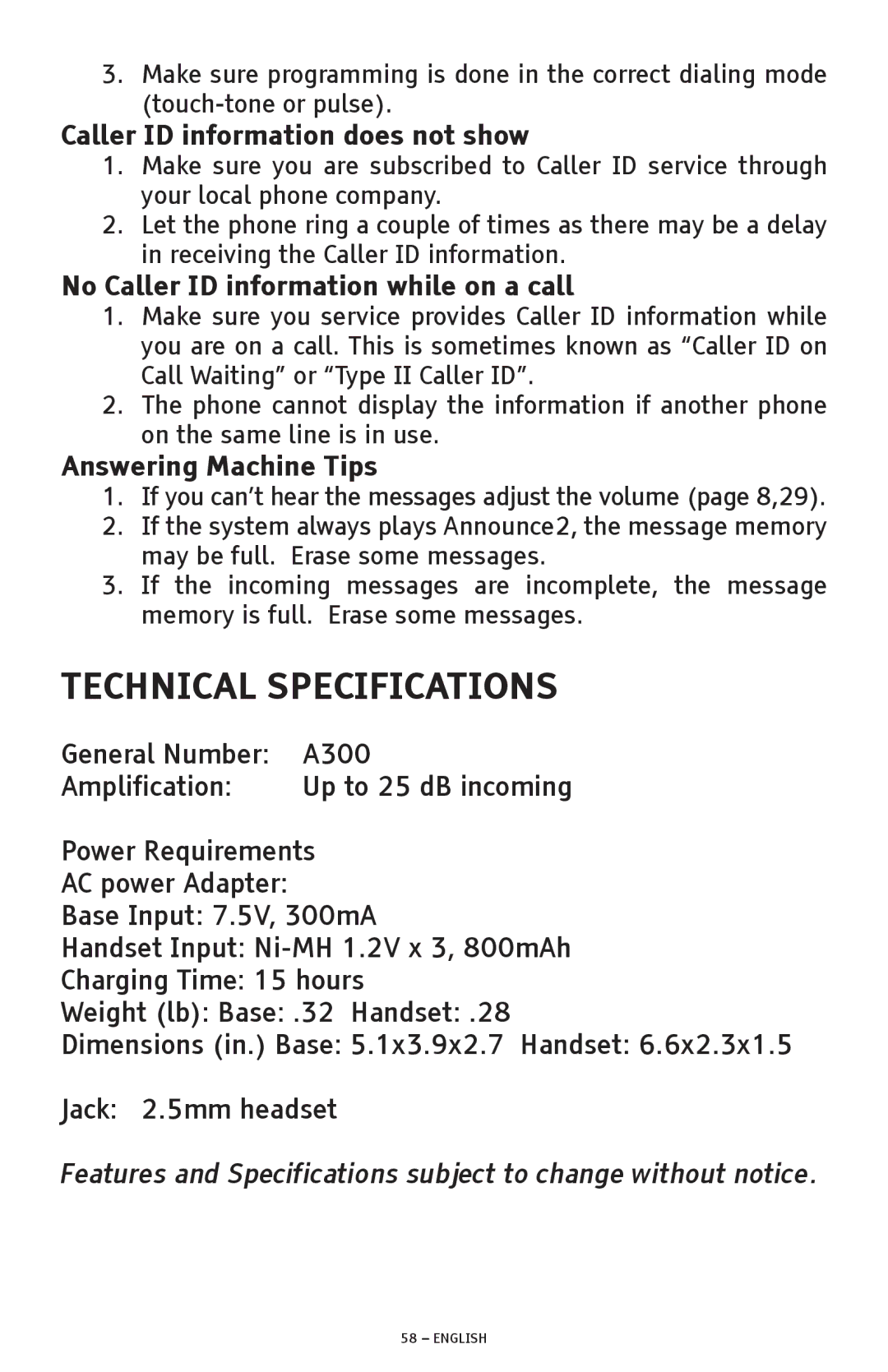 ClearSounds A300 Caller ID information does not show, No Caller ID information while on a call, Answering Machine Tips 