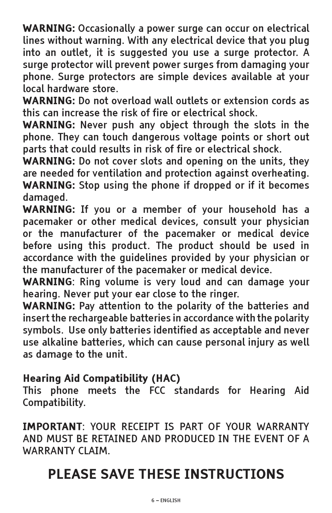 ClearSounds A300 manual Please Save These Instructions, Hearing Aid Compatibility HAC 