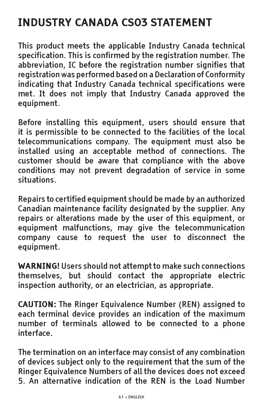 ClearSounds A300 manual Industry Canada CS03 Statement 