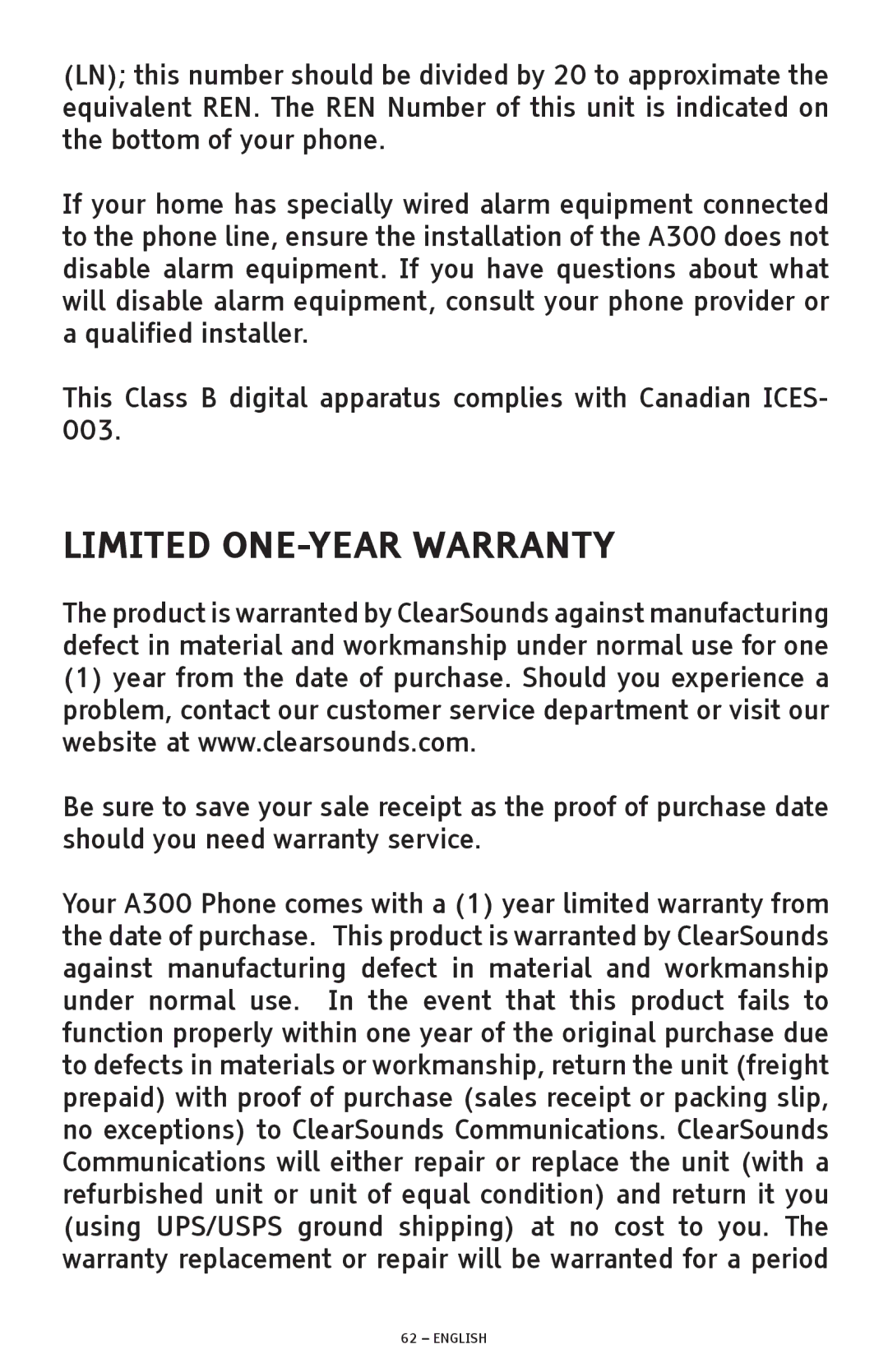 ClearSounds A300 manual Limited ONE-YEAR Warranty 