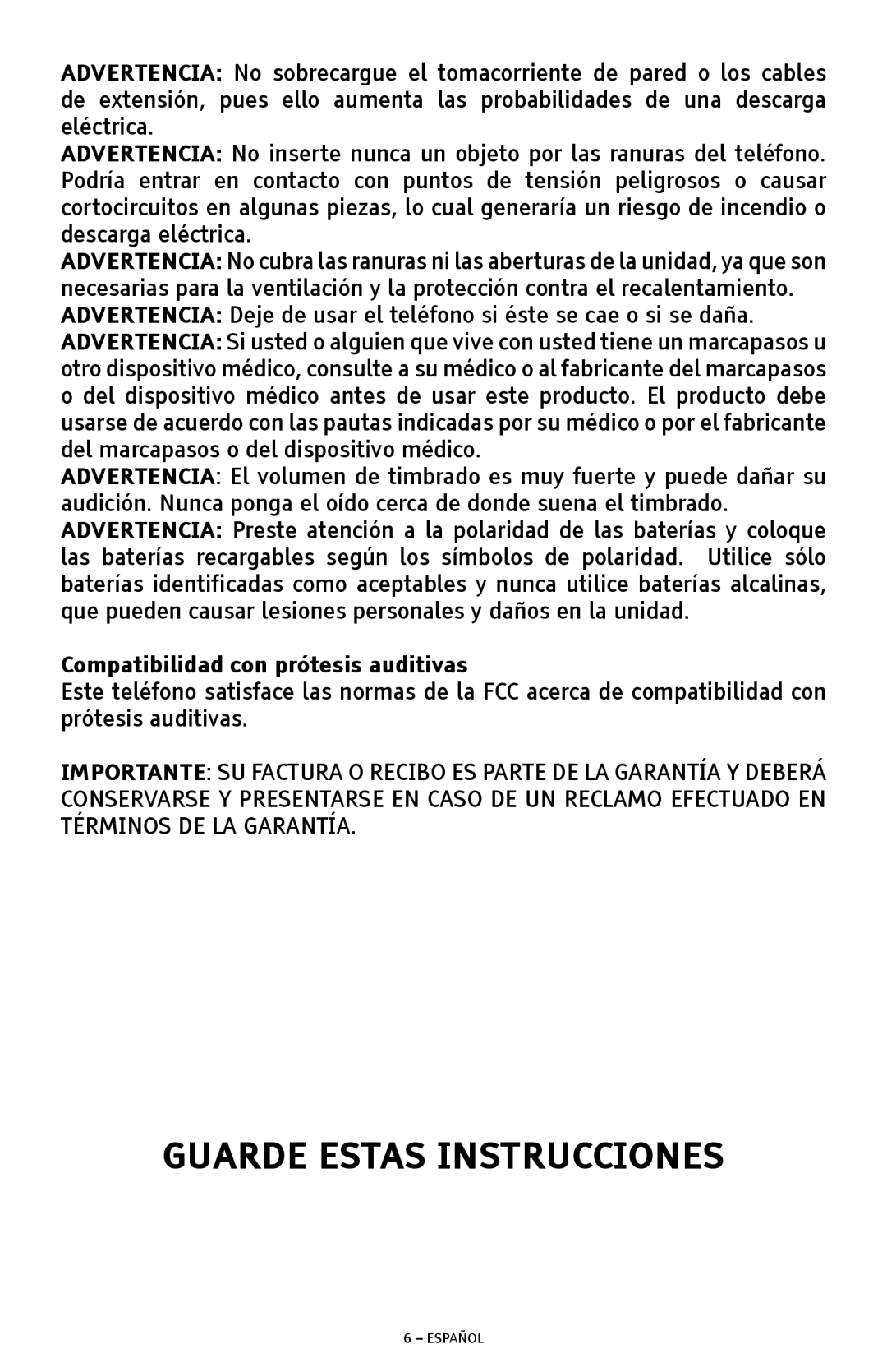 ClearSounds A300 manual Guarde Estas Instrucciones, Compatibilidad con prótesis auditivas 