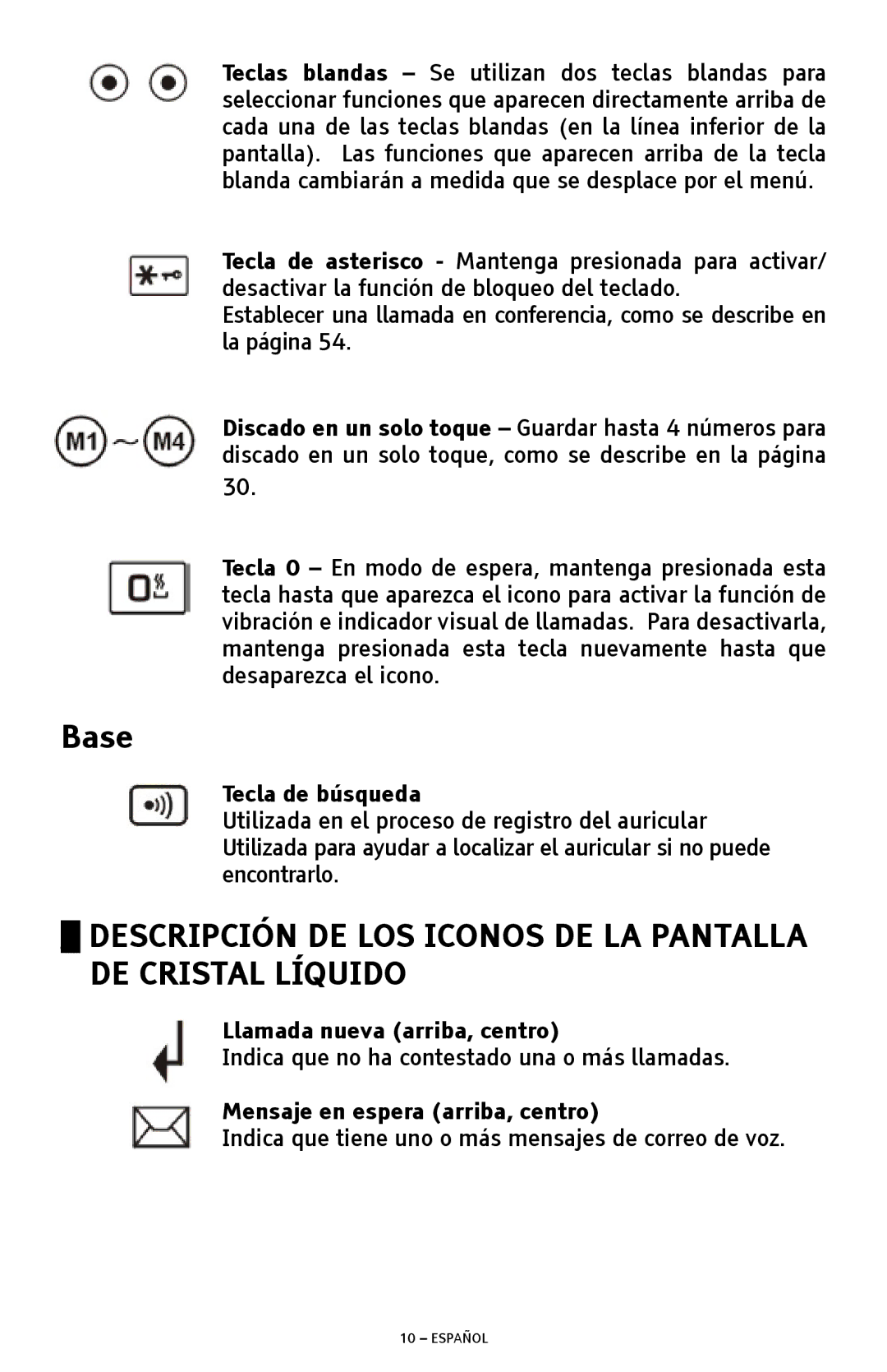 ClearSounds A300 manual Base, Descripción DE LOS Iconos DE LA Pantalla DE Cristal Líquido, Tecla de búsqueda 