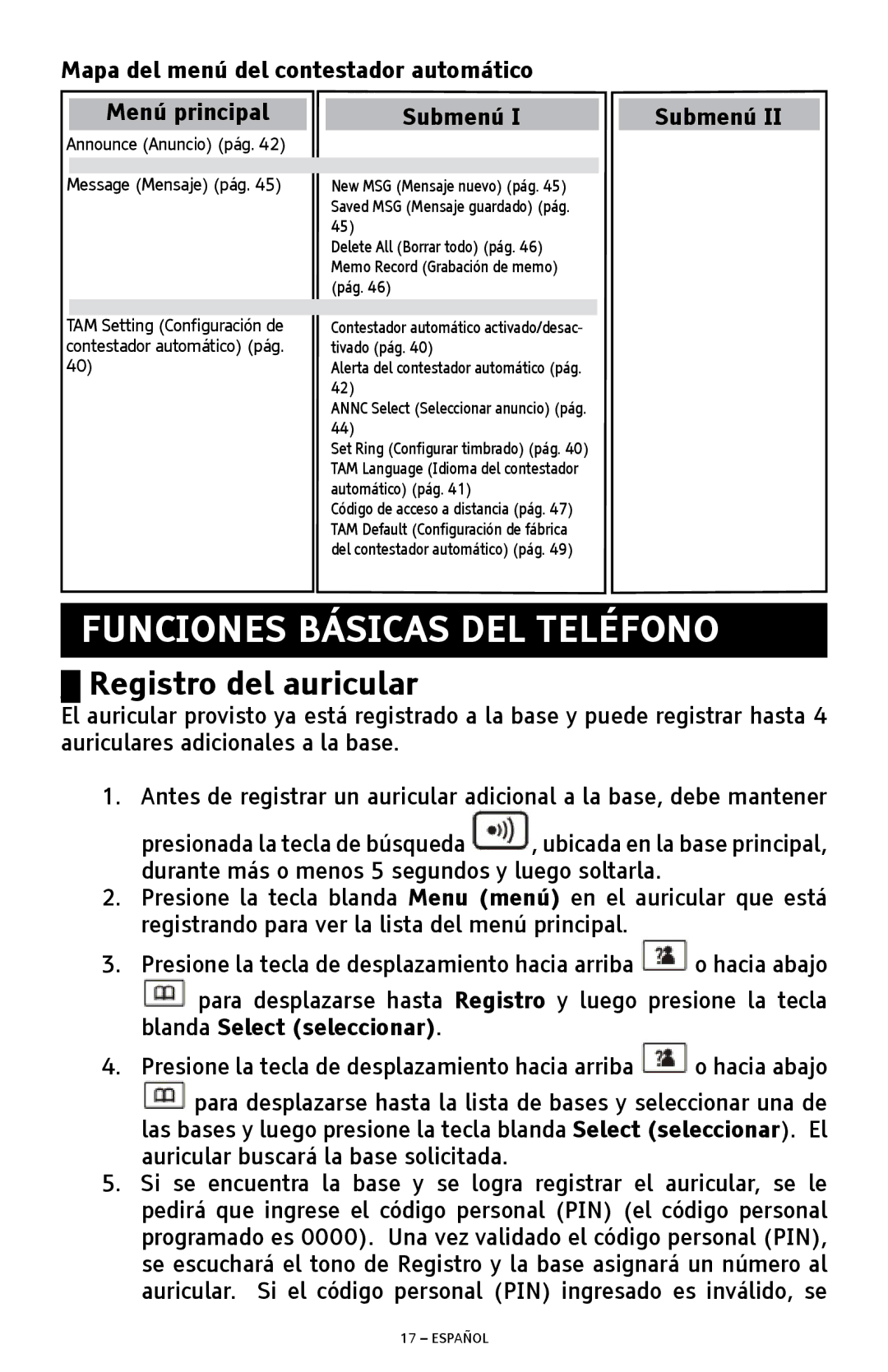 ClearSounds A300 manual Funciones Básicas DEL Teléfono, Registro del auricular 