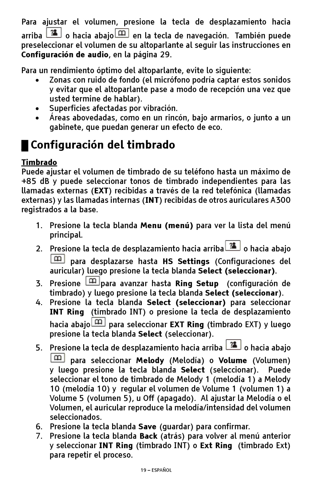 ClearSounds A300 manual Configuración del timbrado, Timbrado 