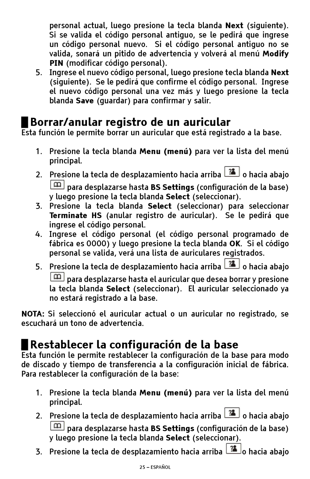 ClearSounds A300 manual Borrar/anular registro de un auricular, Restablecer la configuración de la base 