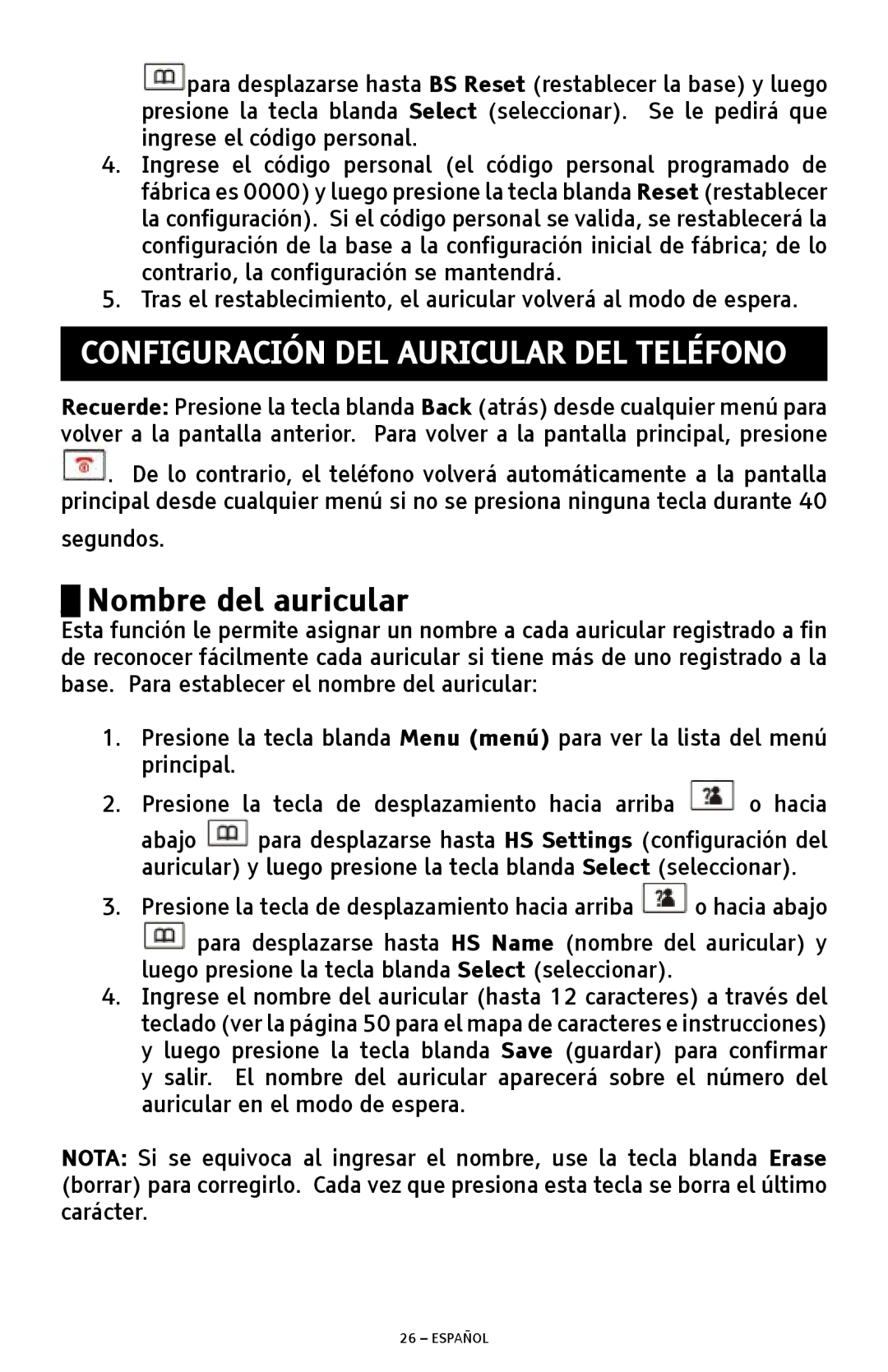 ClearSounds A300 manual Configuración DEL Auricular DEL Teléfono, Nombre del auricular 