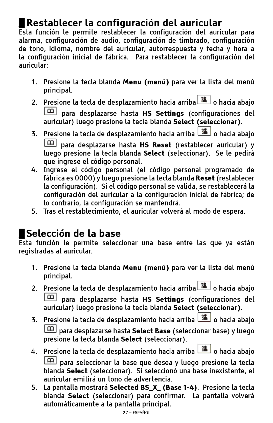 ClearSounds A300 manual Restablecer la configuración del auricular, Selección de la base 